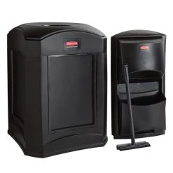 Rubbermaid Landmark Series 35 Gallon Black Rectangular Wastecan With Funnel Top, Panel Frame / Rigid Plastic Liner And Windshield Washing Kit
