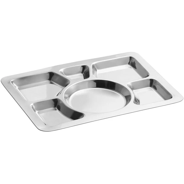 Choice 15 1/2" X 11 1/2" Stainless Steel Rectangular 6 Compartment Tray With Circle Center - 12/Pack - Image 2
