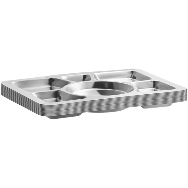 Choice 15 1/2" X 11 1/2" Stainless Steel Rectangular 6 Compartment Tray With Circle Center - 12/Pack - Image 3